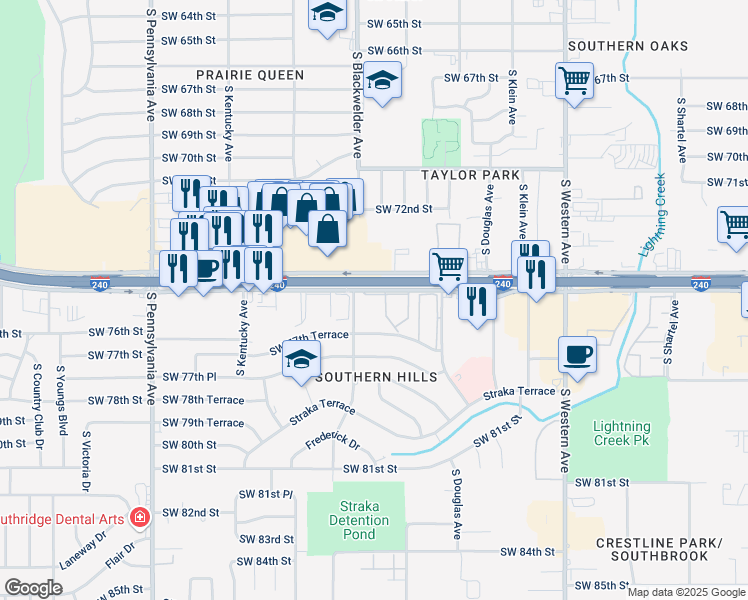 map of restaurants, bars, coffee shops, grocery stores, and more near 1292 West Interstate 240 Service Road in Oklahoma City