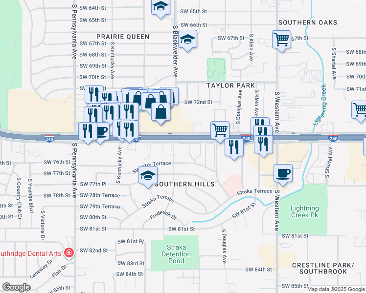 map of restaurants, bars, coffee shops, grocery stores, and more near 1292 West Interstate 240 Service Road in Oklahoma City
