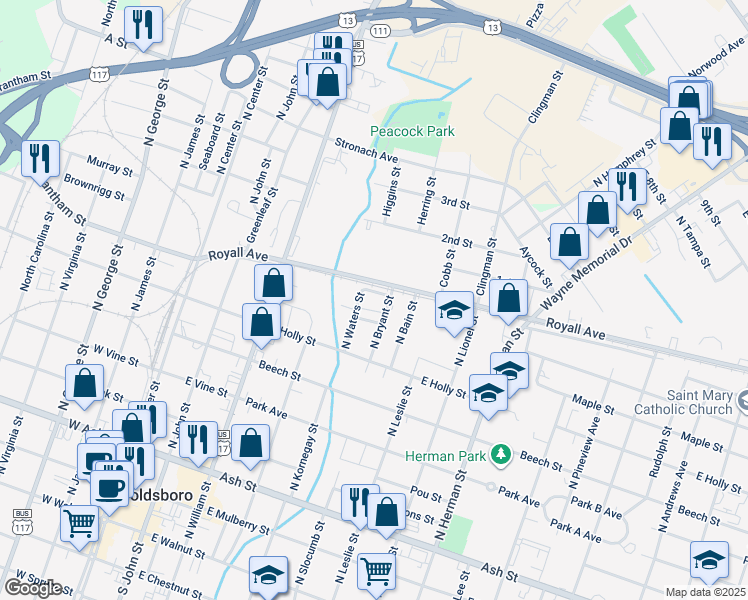 map of restaurants, bars, coffee shops, grocery stores, and more near 801 Edwards Street in Goldsboro