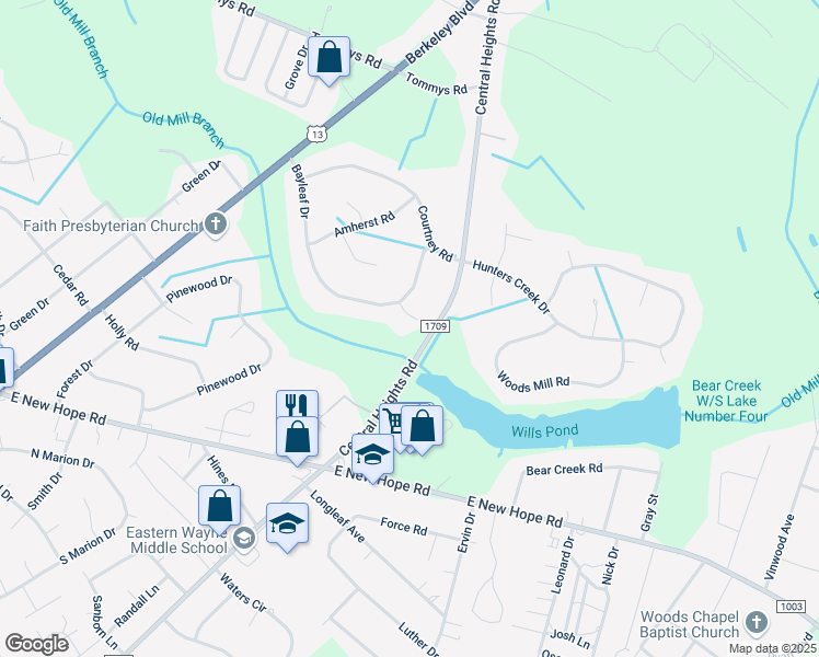 map of restaurants, bars, coffee shops, grocery stores, and more near 404 Bayleaf Place in Goldsboro