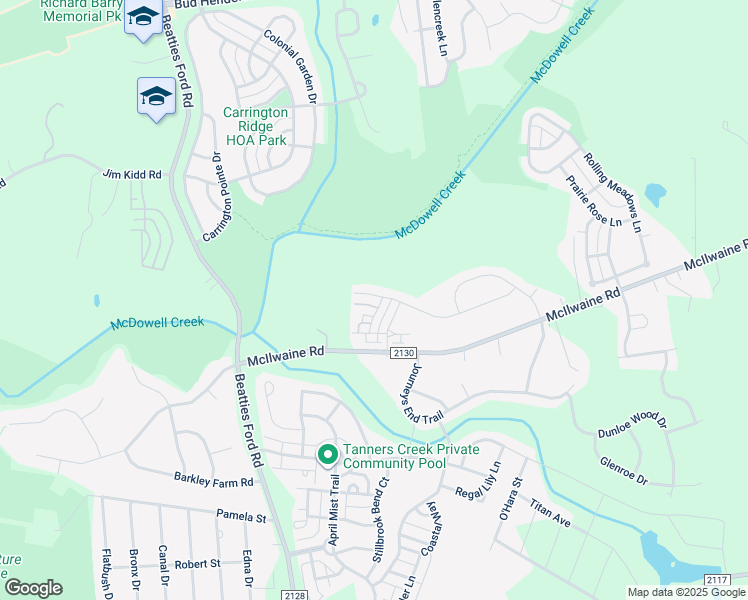 map of restaurants, bars, coffee shops, grocery stores, and more near 8130 Dumphries Drive in Huntersville
