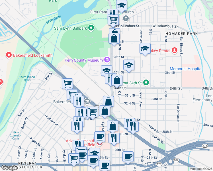 map of restaurants, bars, coffee shops, grocery stores, and more near 3401-D Chester Avenue in Bakersfield