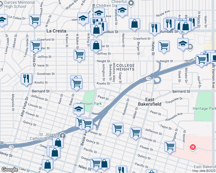 map of restaurants, bars, coffee shops, grocery stores, and more near 931 Knotts Street in Bakersfield
