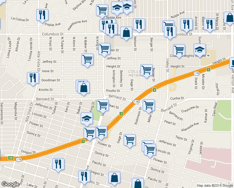 map of restaurants, bars, coffee shops, grocery stores, and more near 931 Knotts Street in Bakersfield