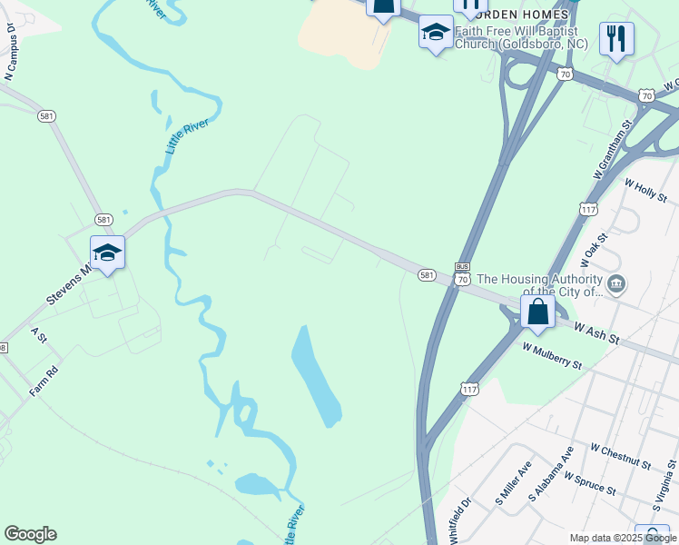 map of restaurants, bars, coffee shops, grocery stores, and more near Drake Village Drive in Goldsboro