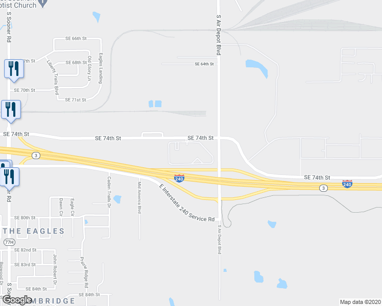 map of restaurants, bars, coffee shops, grocery stores, and more near 6600 Southeast 74th Street in Oklahoma City