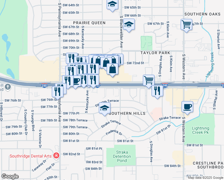 map of restaurants, bars, coffee shops, grocery stores, and more near 1332 Southwest 74th Street in Oklahoma City