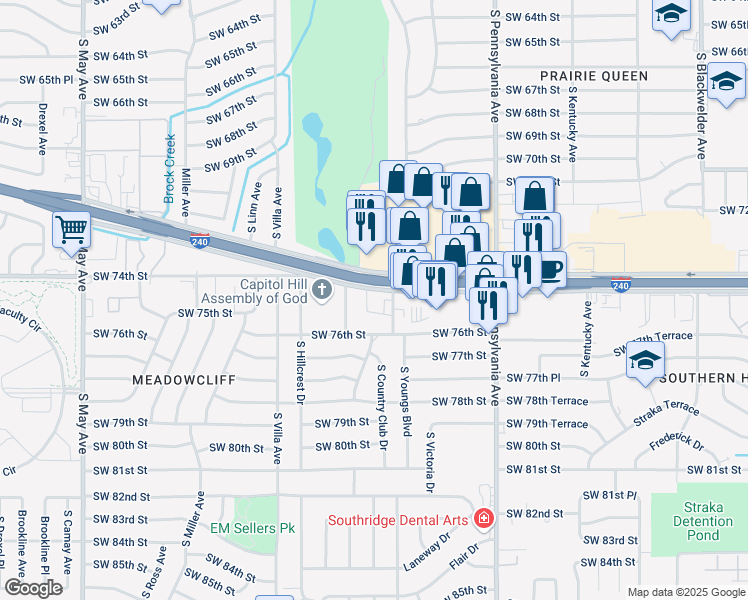 map of restaurants, bars, coffee shops, grocery stores, and more near 2300 West Interstate 240 Service Road in Oklahoma City