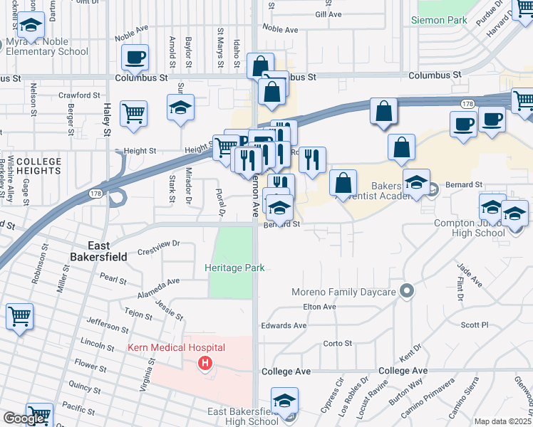 map of restaurants, bars, coffee shops, grocery stores, and more near 2505 Mount Vernon Avenue in Bakersfield