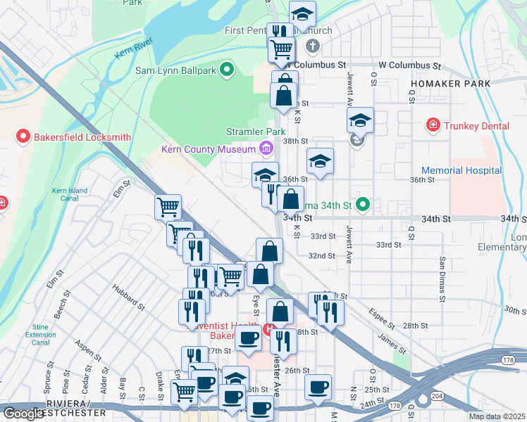 map of restaurants, bars, coffee shops, grocery stores, and more near 3401-D Chester Avenue in Bakersfield