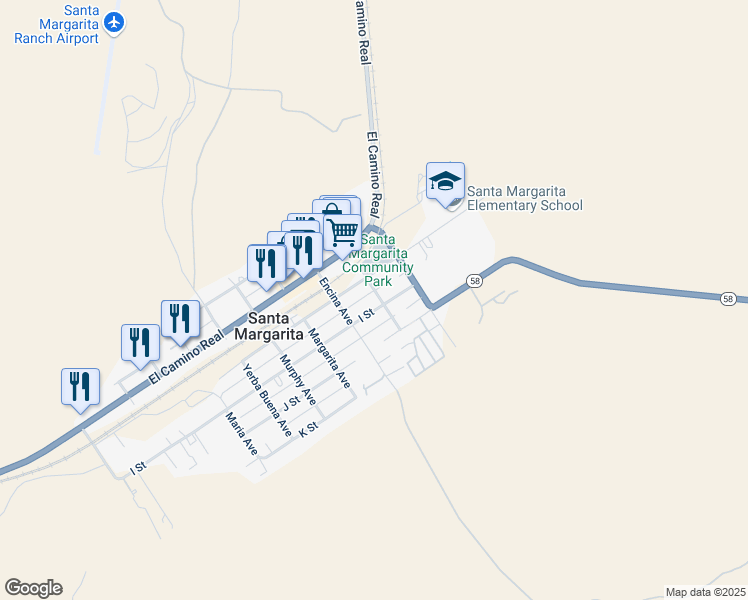 map of restaurants, bars, coffee shops, grocery stores, and more near 9575 Pinal Avenue in Santa Margarita