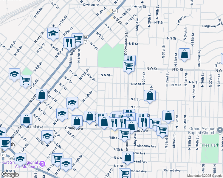 map of restaurants, bars, coffee shops, grocery stores, and more near 1429 North 21st Street in Fort Smith