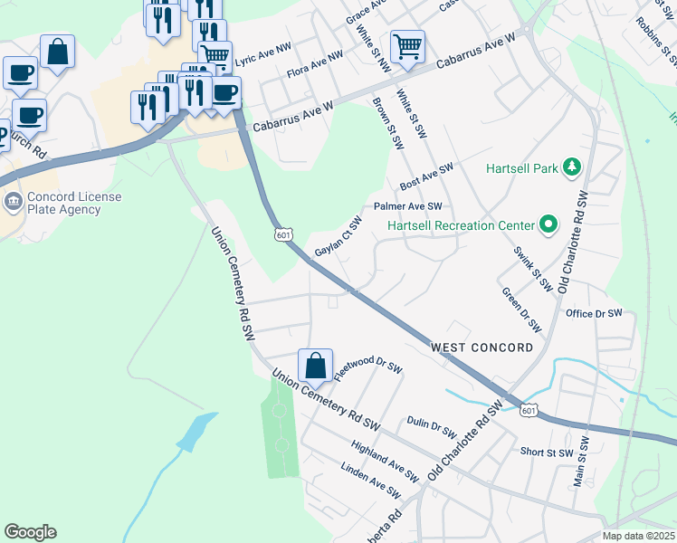 map of restaurants, bars, coffee shops, grocery stores, and more near Parrish Place Southwest in Concord