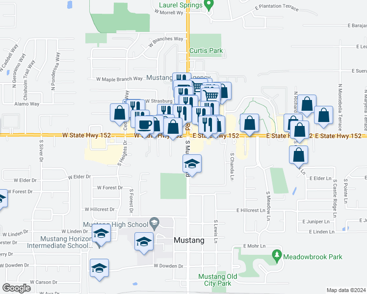 map of restaurants, bars, coffee shops, grocery stores, and more near 923 S Mustang Rd in Mustang