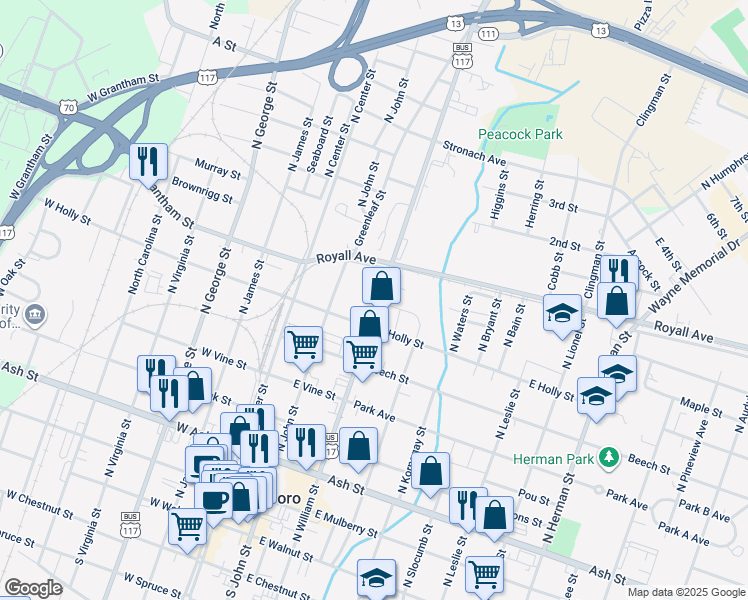 map of restaurants, bars, coffee shops, grocery stores, and more near 713 North William Street in Goldsboro