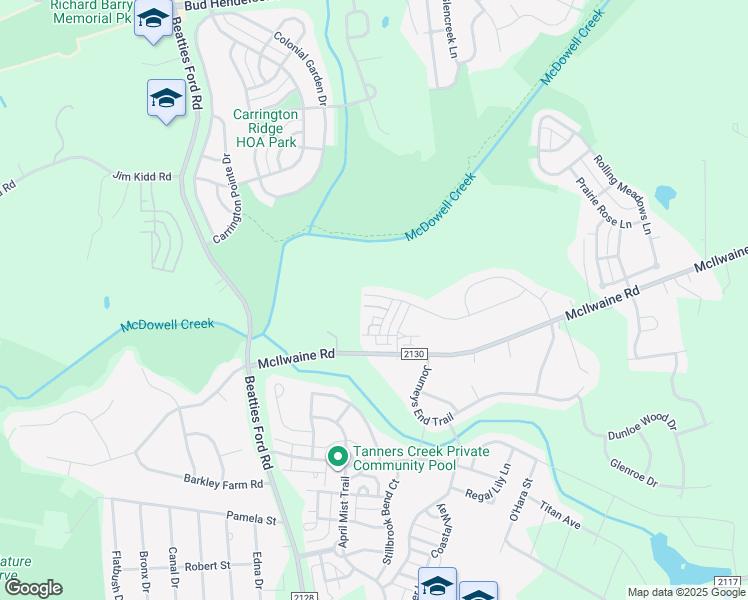 map of restaurants, bars, coffee shops, grocery stores, and more near 8104 Dumphries Drive in Huntersville
