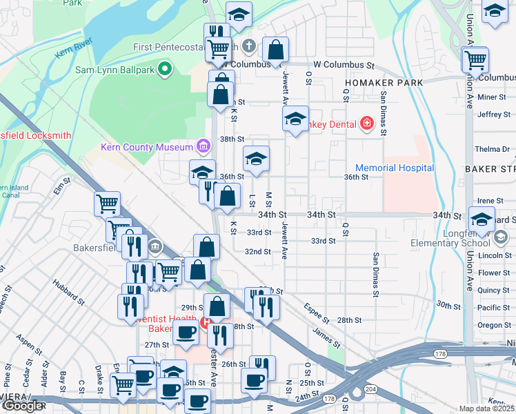 map of restaurants, bars, coffee shops, grocery stores, and more near 1230 34th Street in Bakersfield