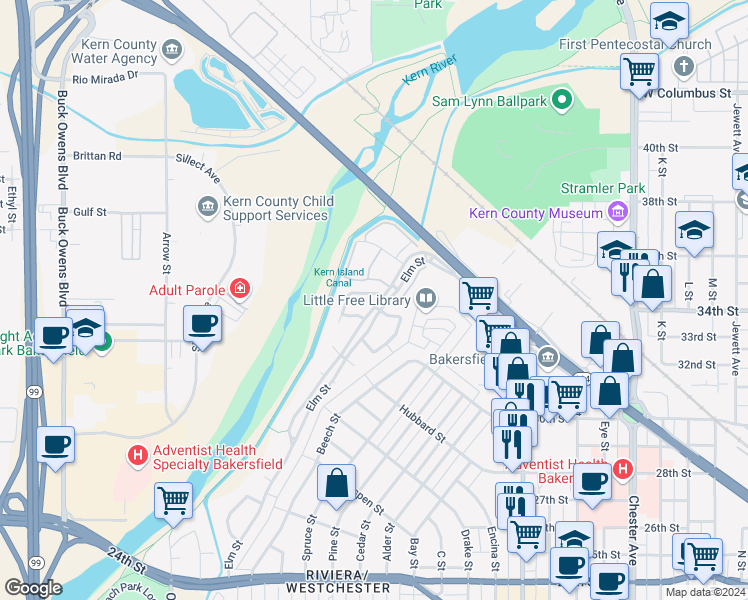 map of restaurants, bars, coffee shops, grocery stores, and more near 3201 Mulberry Drive in Bakersfield
