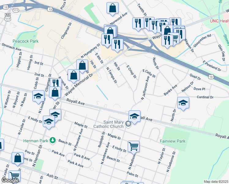 map of restaurants, bars, coffee shops, grocery stores, and more near 1600 North Tampa Street in Goldsboro