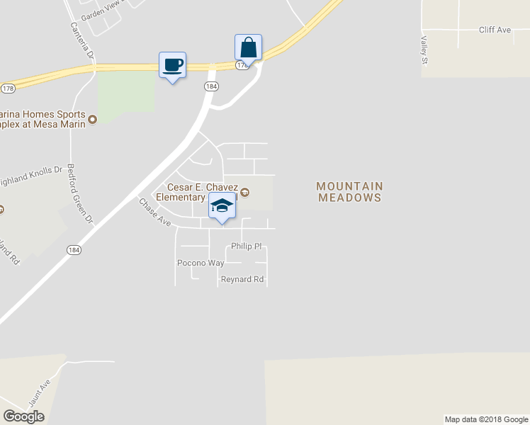 map of restaurants, bars, coffee shops, grocery stores, and more near 4012 Goodyear Court in Bakersfield