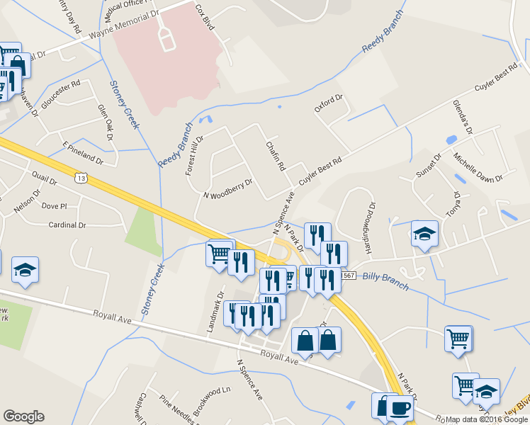 map of restaurants, bars, coffee shops, grocery stores, and more near 1201 Cuyler Best Road in Goldsboro