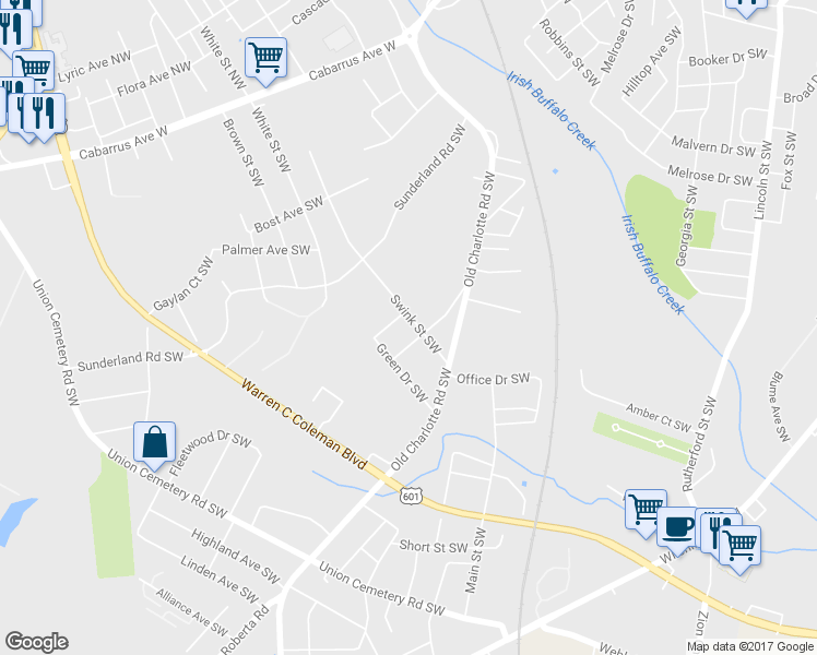 map of restaurants, bars, coffee shops, grocery stores, and more near 71 Swink Street Southwest in Concord