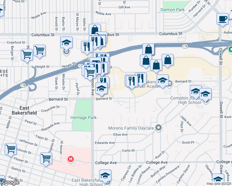 map of restaurants, bars, coffee shops, grocery stores, and more near 2620 Bernard Street in Bakersfield