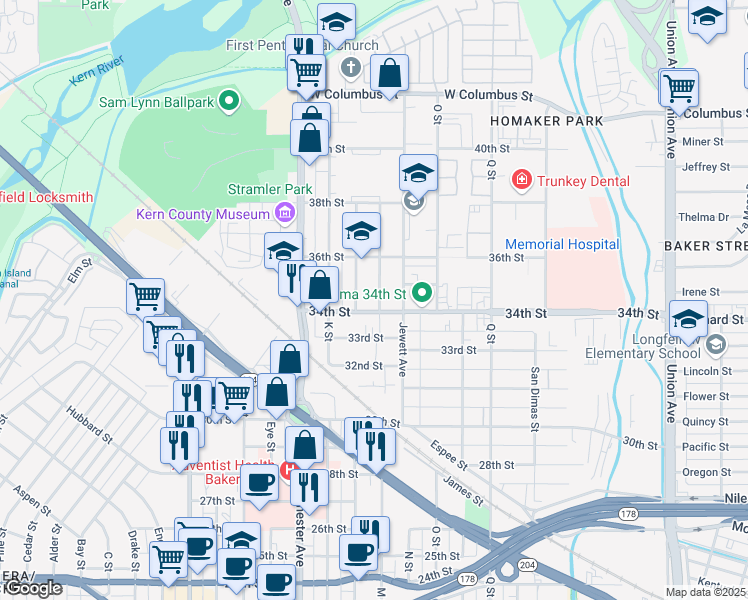 map of restaurants, bars, coffee shops, grocery stores, and more near 1230 34th Street in Bakersfield