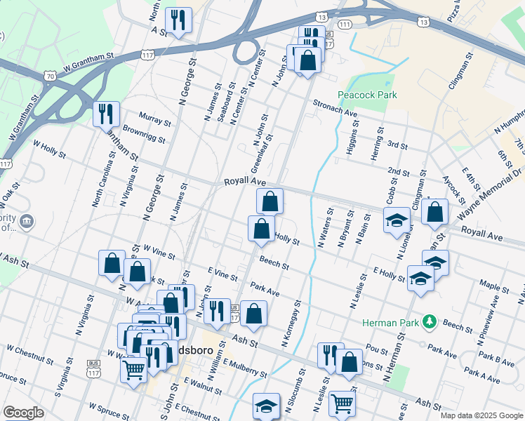 map of restaurants, bars, coffee shops, grocery stores, and more near 713 North William Street in Goldsboro