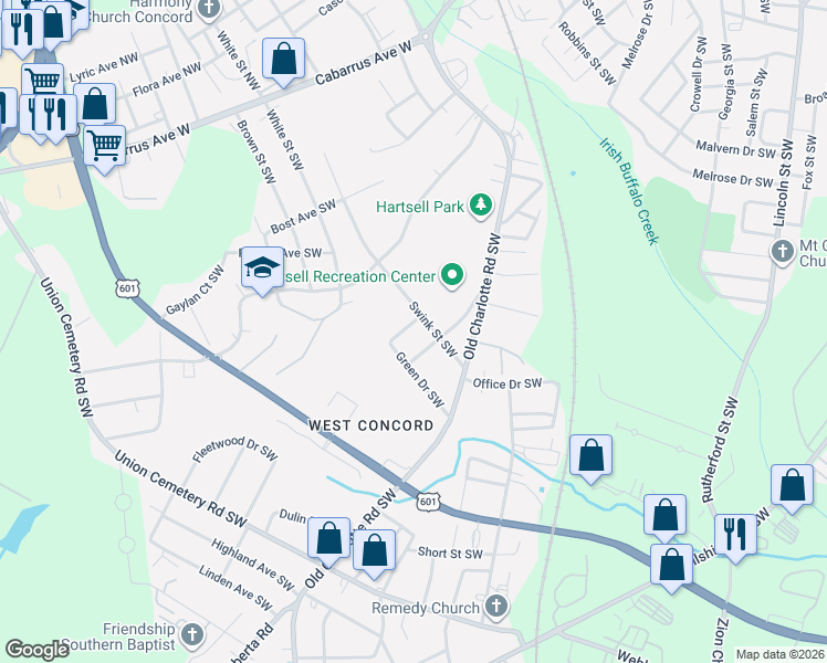 map of restaurants, bars, coffee shops, grocery stores, and more near 71 Swink Street Southwest in Concord