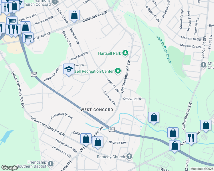 map of restaurants, bars, coffee shops, grocery stores, and more near 71 Swink Street Southwest in Concord