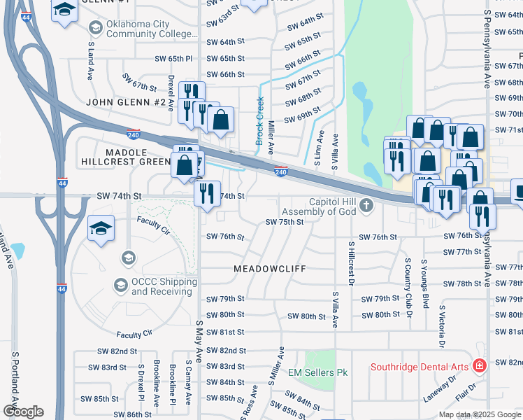 map of restaurants, bars, coffee shops, grocery stores, and more near 2720 Southwest 74th Street in Oklahoma City