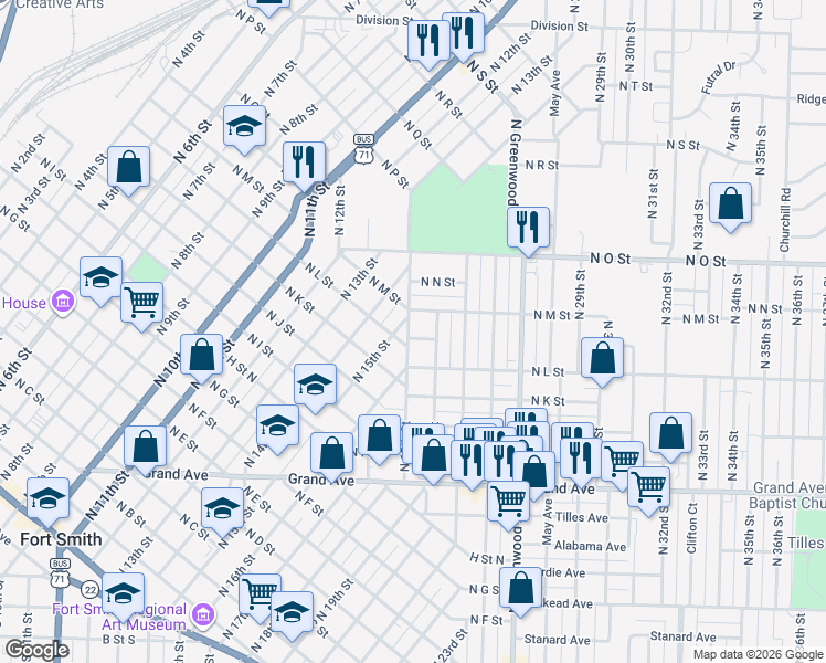 map of restaurants, bars, coffee shops, grocery stores, and more near 1809 North Short L Street in Fort Smith