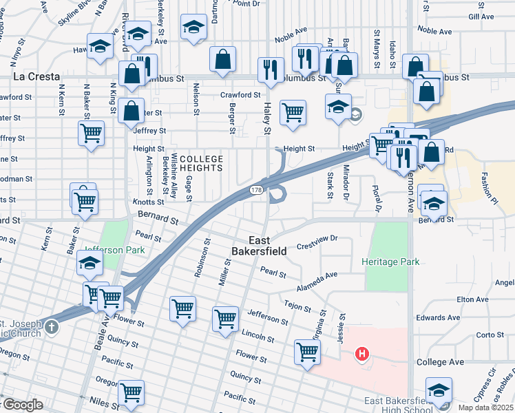 map of restaurants, bars, coffee shops, grocery stores, and more near 1305 Knotts Street in Bakersfield