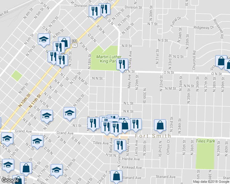 map of restaurants, bars, coffee shops, grocery stores, and more near 1430 Belle Avenue in Fort Smith