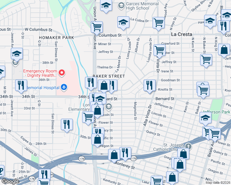 map of restaurants, bars, coffee shops, grocery stores, and more near 121 Irene Street in Bakersfield