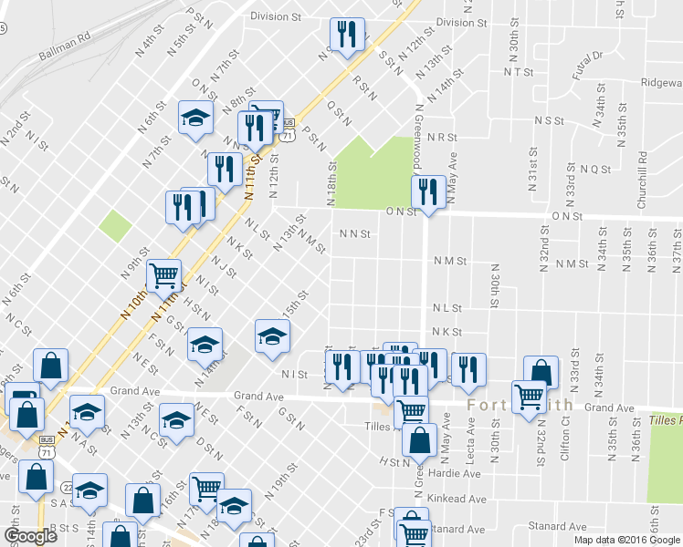 map of restaurants, bars, coffee shops, grocery stores, and more near 1809 North Short L Street in Fort Smith