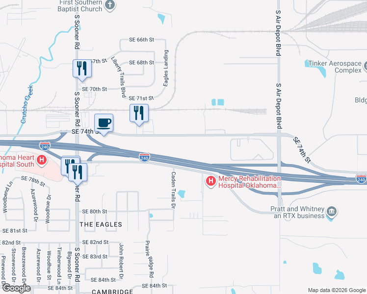 map of restaurants, bars, coffee shops, grocery stores, and more near 6300 Southeast 74th Street in Oklahoma City