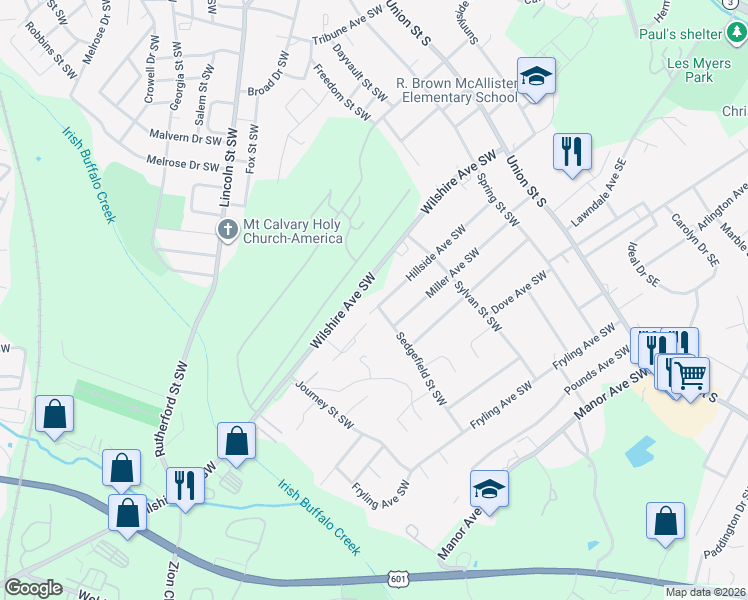 map of restaurants, bars, coffee shops, grocery stores, and more near 216 Hillside Avenue Southwest in Concord
