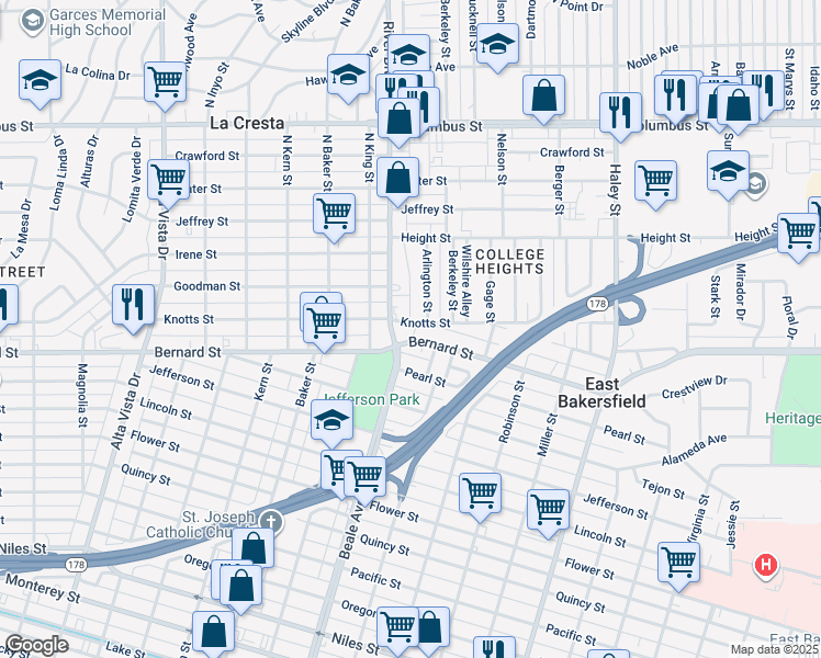 map of restaurants, bars, coffee shops, grocery stores, and more near 900 Bernard Street in Bakersfield