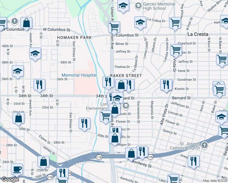 map of restaurants, bars, coffee shops, grocery stores, and more near 1 Irene Street in Bakersfield