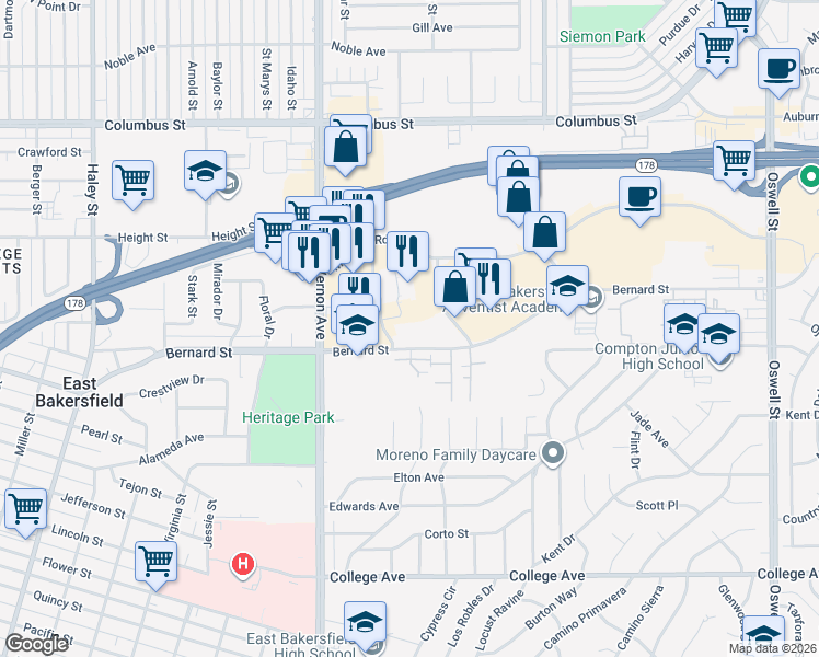 map of restaurants, bars, coffee shops, grocery stores, and more near 2620 Bernard Street in Bakersfield