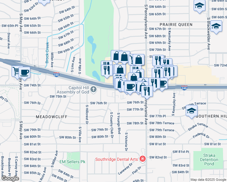 map of restaurants, bars, coffee shops, grocery stores, and more near 2300 West Interstate 240 Service Road in Oklahoma City