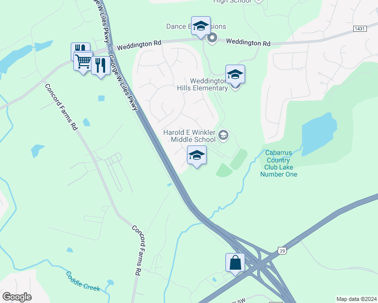 map of restaurants, bars, coffee shops, grocery stores, and more near 1412 Whitman Drive Northwest in Concord