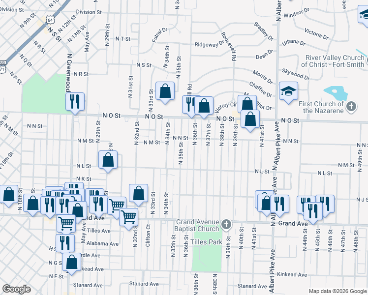 map of restaurants, bars, coffee shops, grocery stores, and more near 1440 North 35th Street in Fort Smith