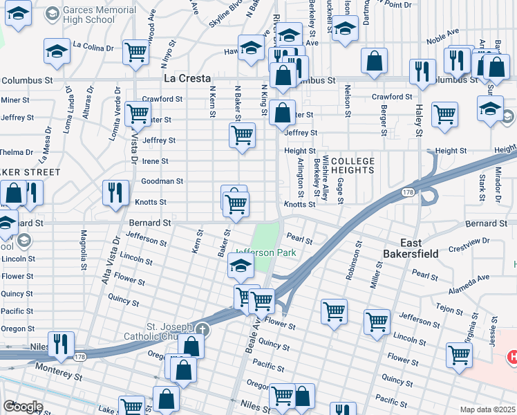 map of restaurants, bars, coffee shops, grocery stores, and more near 727 Knotts Street in Bakersfield