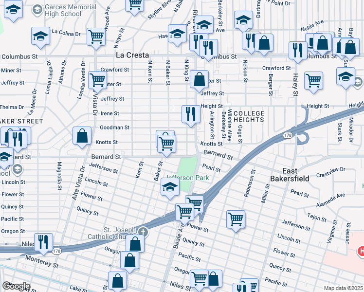 map of restaurants, bars, coffee shops, grocery stores, and more near 729 Knotts Street in Bakersfield