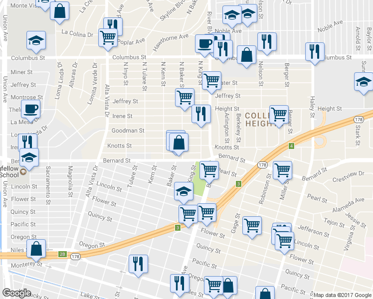 map of restaurants, bars, coffee shops, grocery stores, and more near 701 Knotts Street in Bakersfield