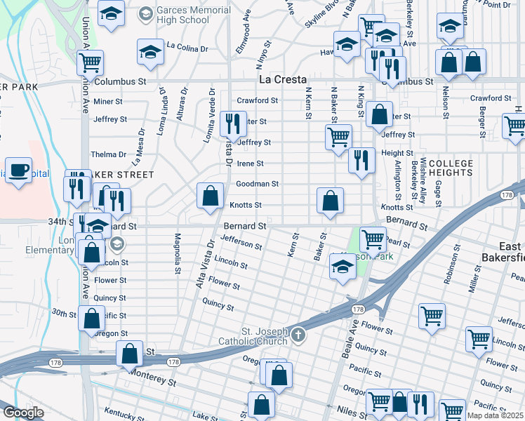 map of restaurants, bars, coffee shops, grocery stores, and more near 403 Knotts Street in Bakersfield
