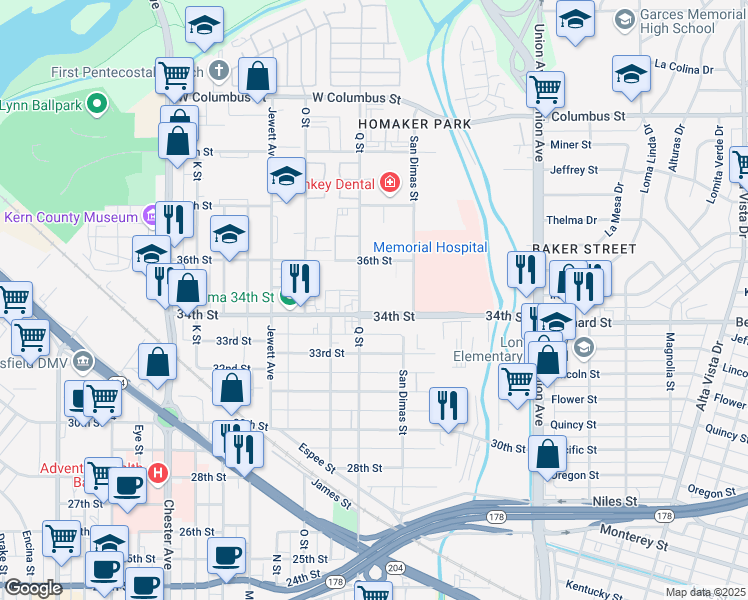 map of restaurants, bars, coffee shops, grocery stores, and more near 730 34th Street in Bakersfield